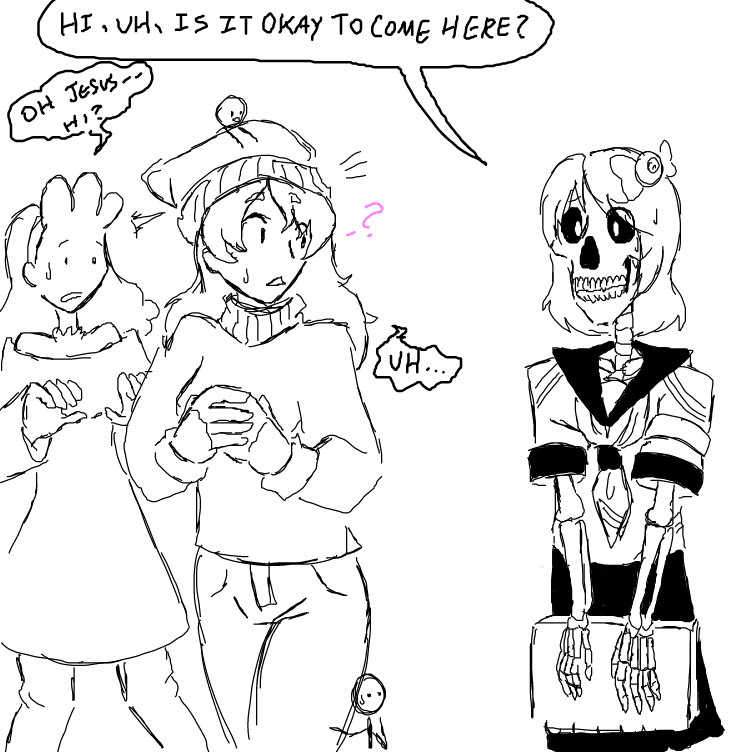Two ocs just chillin' when all of a sudden - BAM. SKELETON. - Online Drawing Game Comic Strip Panel by ⚰