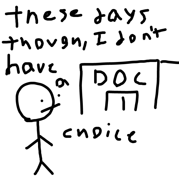 Transcription: "these days though, I don't have a choice"
He is going to doctor's office - Online Drawing Game Comic Strip Panel by AMetalChair