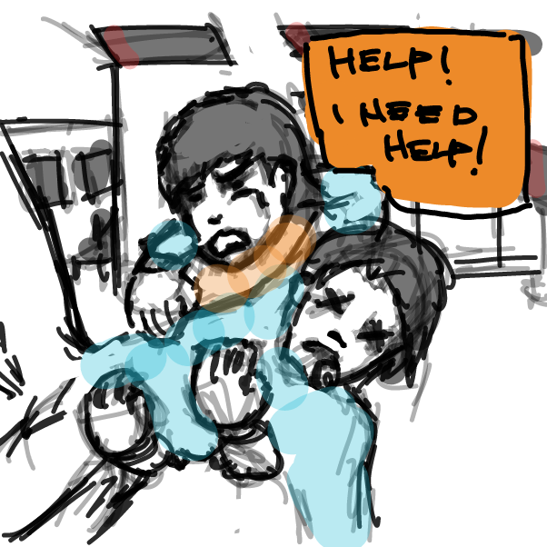 Two men come into the ER: one of them seems to be ill. - Online Drawing Game Comic Strip Panel by Greiye