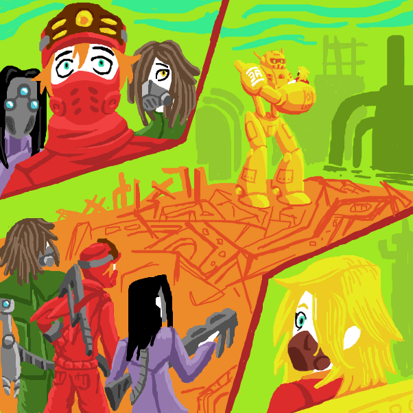 The group finally reaches the source of the light. What they saw surprised them; Someone they know is being held by a hulking one armed robot, motionlessly staring at her. She soon notices them approach and was also surprised to see them here. - Online Drawing Game Comic Strip Panel by SeanTrunks
