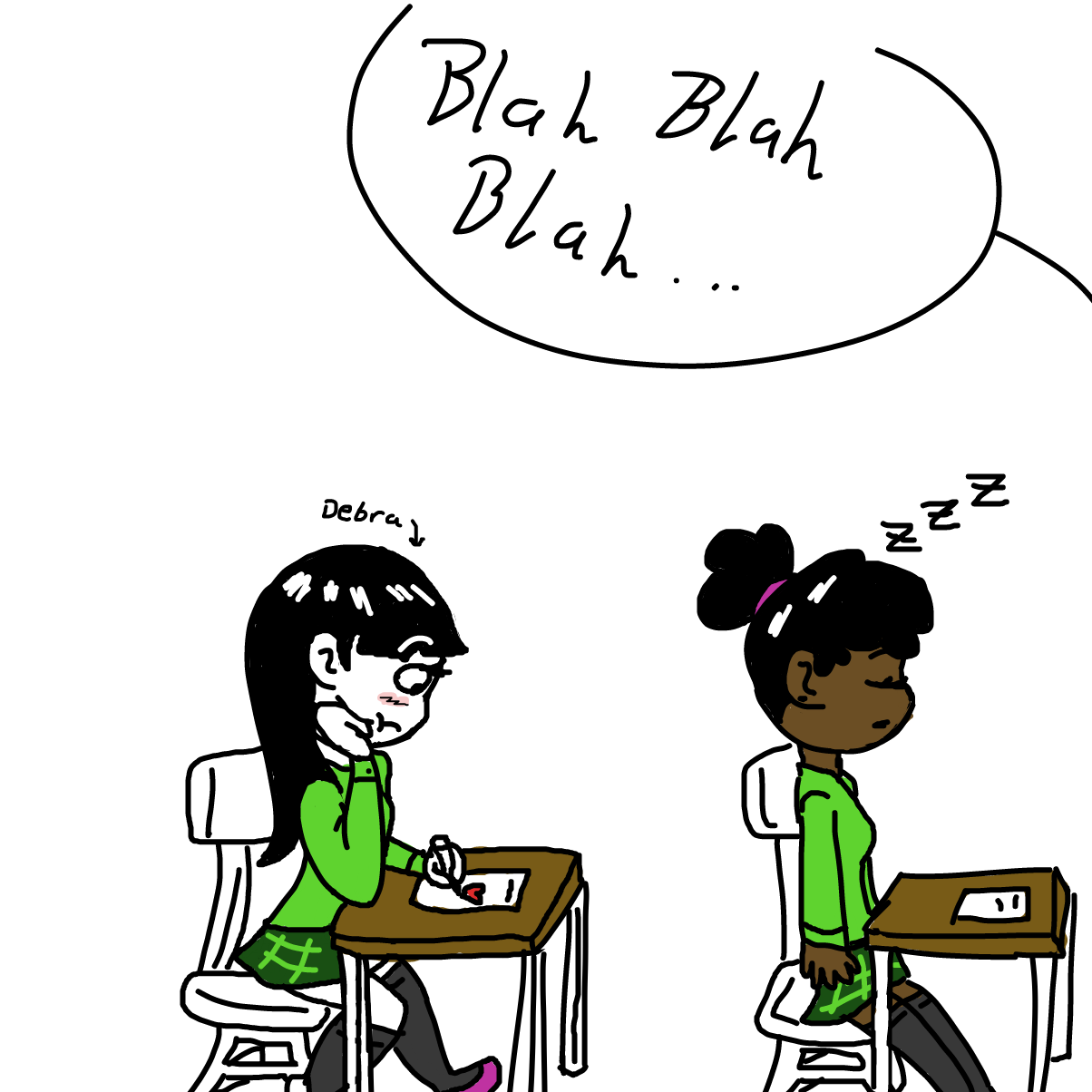 What happens to Debra at school? What class is it? What's she doodling? Who's the other student? Or something else entirely? - Online Drawing Game Comic Strip Panel by CherryFlavored