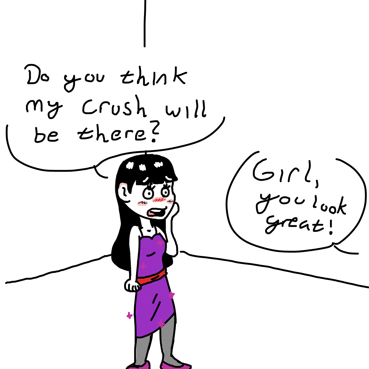 What happens next? Is Debra's crush at the dance? Who is he? Or she? Or they? What could happen? - Online Drawing Game Comic Strip Panel by CherryFlavored