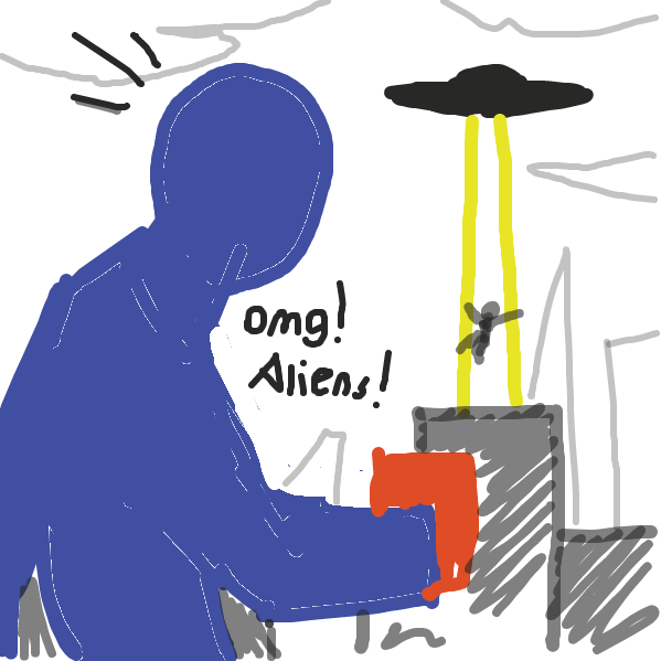 The man hears a strange noise and turns his head to see we are not alone in the universe - Online Drawing Game Comic Strip Panel by dirtyeggplant