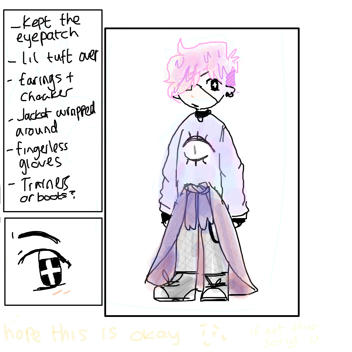 Looked up soft edgy clothes and got some ideas. Hope this is okay.
Ps: as the eyepatch had a “x” on it I thought up a “+” in his eye to kinda reflect that.   - Online Drawing Game Comic Strip Panel by GhostgoesBrr