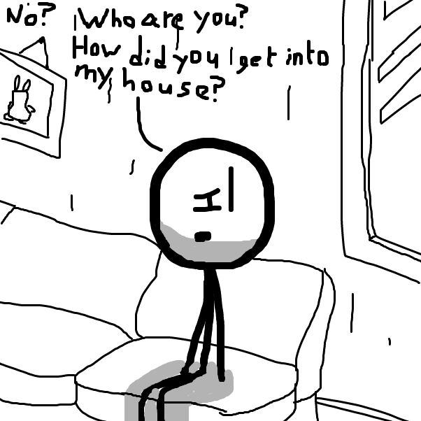 There is a strange blue man inside some guys house. - Online Drawing Game Comic Strip Panel by Ohnooooo