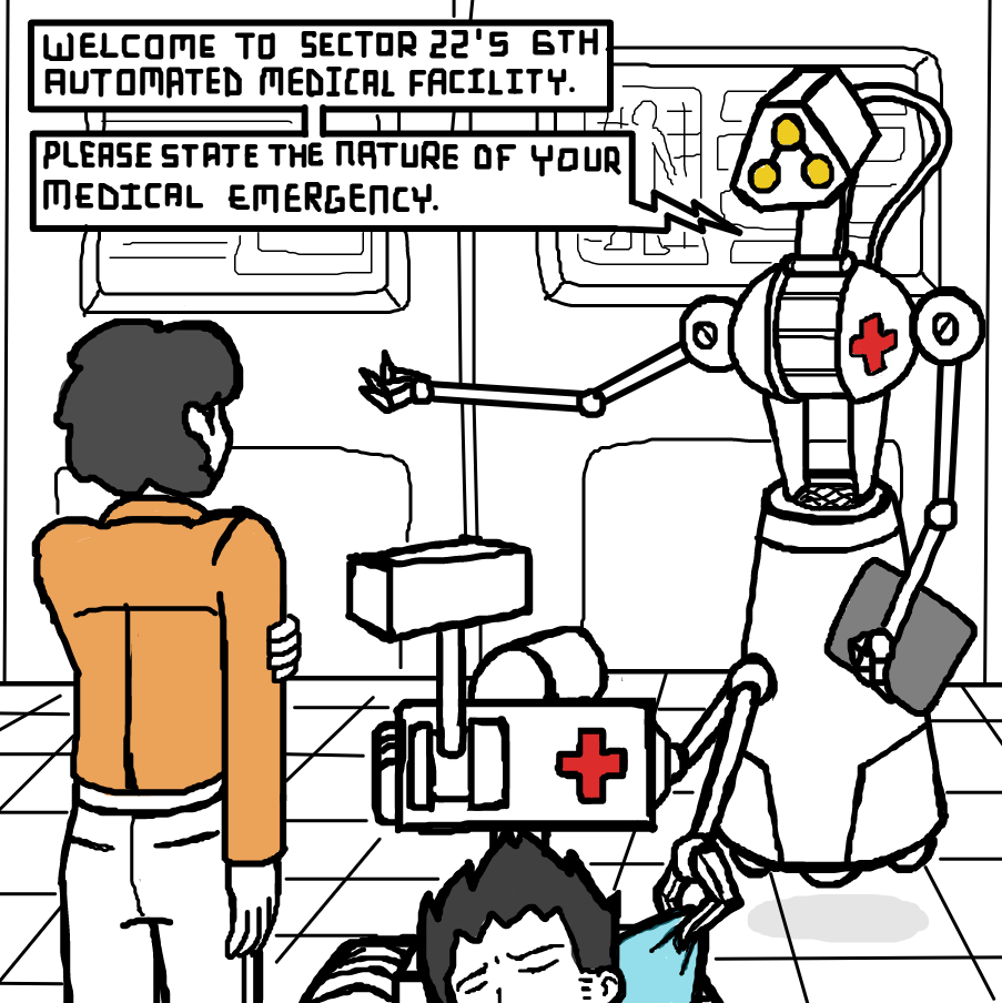They eventually arrive at the hospital. There they're greeted by a medbot. - Online Drawing Game Comic Strip Panel by SeanTrunks