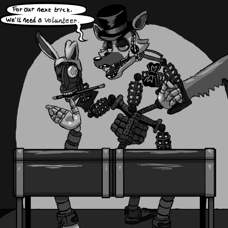 Yep, It's Magician Mangle From FNAF AR.
(tbh I had that ol' saw trick in mind for this one, but you can make it any magic trick. It can succeed or it can fail. As long as it looks cool, I guess.) - Online Drawing Game Comic Strip Panel by ⚰