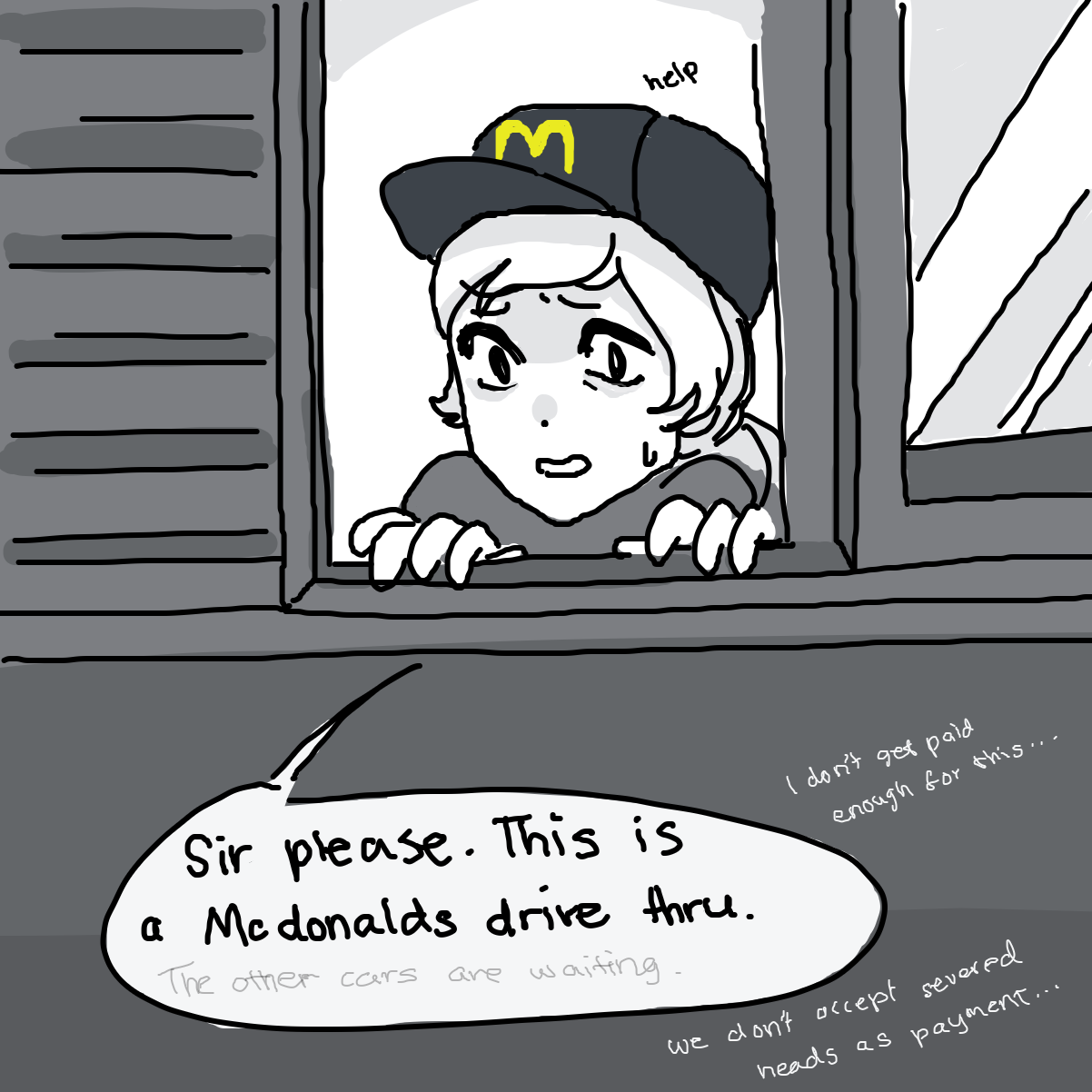 Sir. Sir please. Put the severed head away sir. Sir I am begging you. It’s a very nice head but the other customers are waiting. P l e a se - Online Drawing Game Comic Strip Panel by Tea