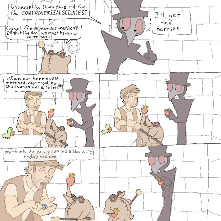 solving the berry problem with more berries!
but maybe not the right berries
and not the right zoom so that I didn't realise I had more panel space than I used hahah...
more bricks go to the riiiight....
 - Online Drawing Game Comic Strip Panel by Chepley