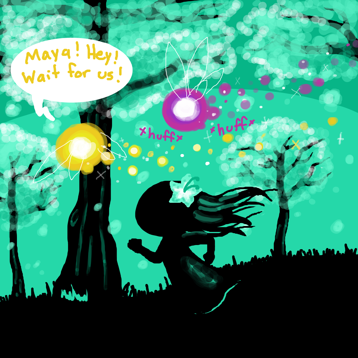 Some friendly forest sprites follow Maya - Online Drawing Game Comic Strip Panel by Electra