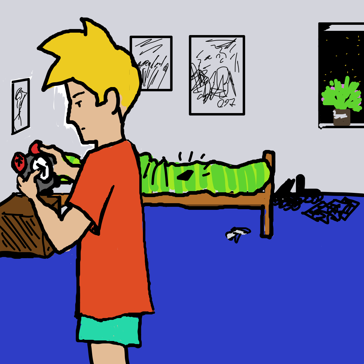 Next, he‘ll be in bed, the clock on his bedside table with the time set on 22:40 - Online Drawing Game Comic Strip Panel by Scribbledabble