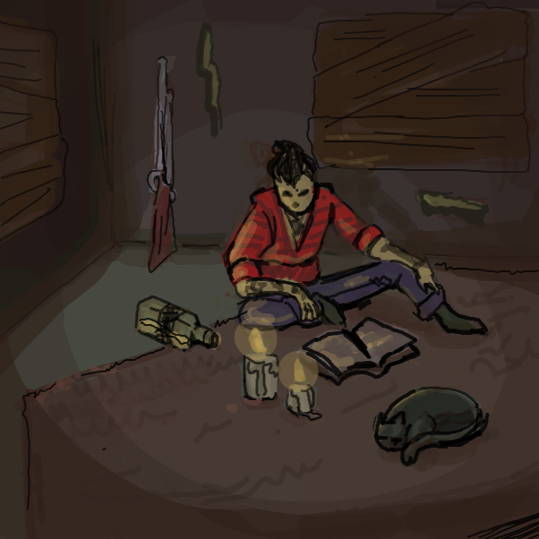 Alexei drinks and reads a book on a quiet night in his locked down shack. - Online Drawing Game Comic Strip Panel by vj