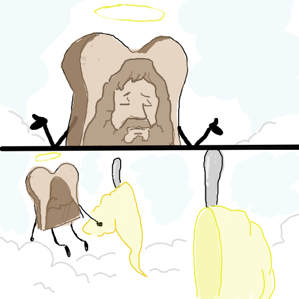 Could someone add like a, fruit bread or something showing up? In like resemblence of the devil? ANd pass it to me! i'll finish this! - Online Drawing Game Comic Strip Panel by Sluggishfella