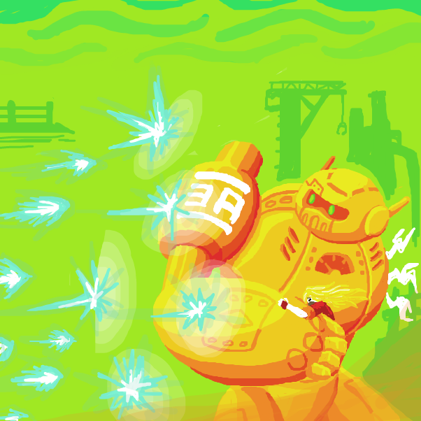 A barrage of weapons fire pounds away at the robot's shield. Sarah takes cover behind its arm and holds on to dear life as the impact of each blast blows away at the surrounding dust and debris. - Online Drawing Game Comic Strip Panel by SeanTrunks