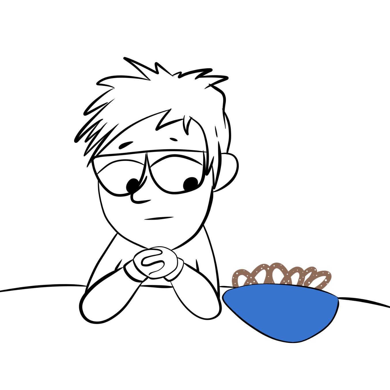 Interest piqued.  Will our hero succumb to the Siren's call of the pretzels? - Online Drawing Game Comic Strip Panel by Wizard Croissant