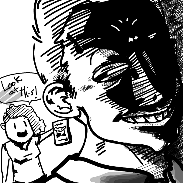 Bob's friend Karen just bought a limited edition Kirby in Hawaii VHS and is excited to share! Little does she know, Bob was never her friend at all... - Online Drawing Game Comic Strip Panel by teronism