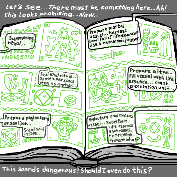 Calia finds a chapter inside the mysterious book about performing a series of esoteric rituals to bring the dead back to life. The entire ordeal looks very dangerous to perform. She is now contemplating whether she should go through with it or not. - Online Drawing Game Comic Strip Panel by SeanTrunks