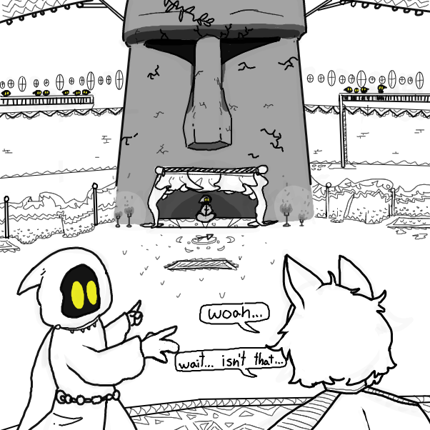 The pilot enters the building and recognizes a familiar arrow. The community appears to have transformed the stone face into a shrine. A lonesome elder awaits the pilot in front of it's entry. - Online Drawing Game Comic Strip Panel by Mothbunita
