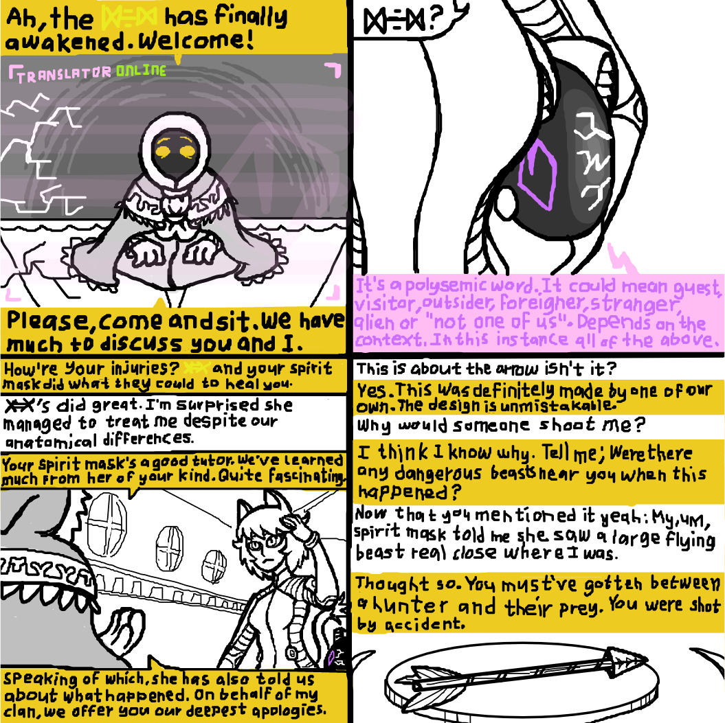 The pilot had a discussion with the elder about the arrow that struck her down. He confirms that it was indeed made by one of them. He speculates that the pilot was a victim of a hunting accident perpetrated by one of their hunters. - Online Drawing Game Comic Strip Panel by SeanTrunks