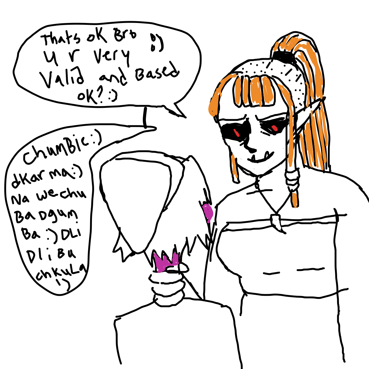 :) chumbee chum chooga dlak kna ba berli baba chri ba chukai drul du drul lol hagenbe bunkambo yea? lol? - Online Drawing Game Comic Strip Panel by Shmanti