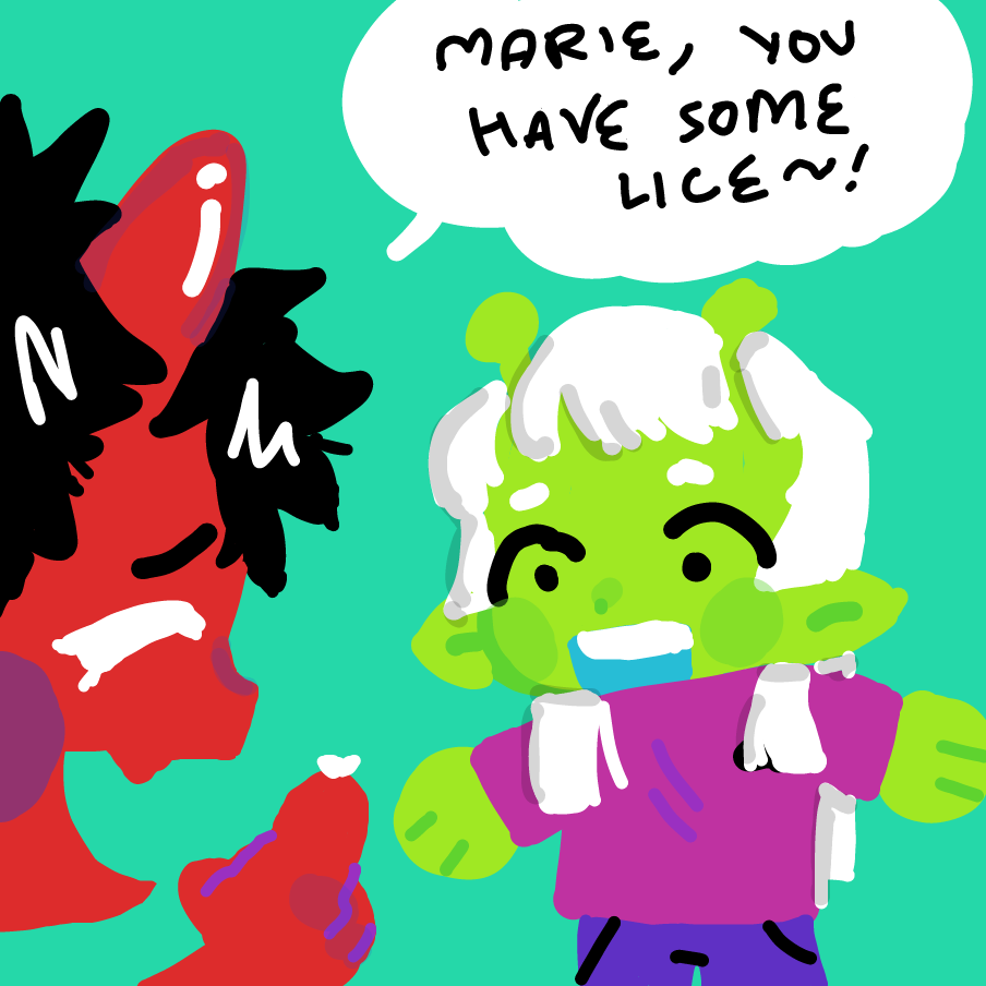 ringo tells marie she has lice! she's not so sure what that is, though. will she mishear it as rice and eat the lice off his finger? shave her head bald? lose her mind? who knows !!! - Online Drawing Game Comic Strip Panel by ppongyeom