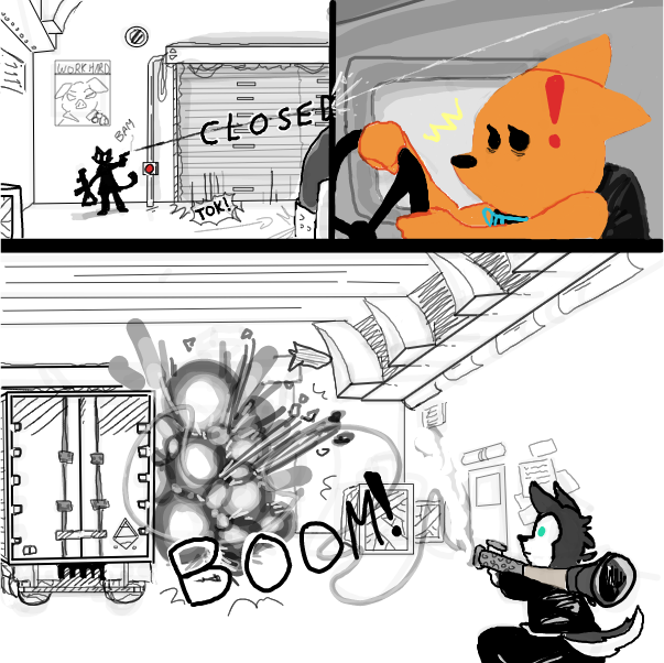 the door closes on her, but the wolf from before blasts it open! - Online Drawing Game Comic Strip Panel by Mothbunita