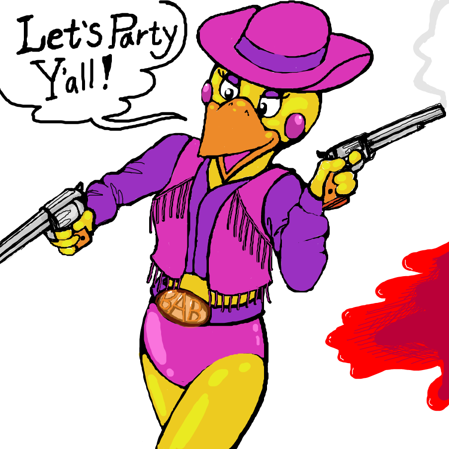 Wild West Chica makes your Cowboy Themed Party a Yee-Haw Good Time! But after dark... Some problems have resulted making us recommend Kevlar armor and a good dodge reflex in our security personnel. Where DOES she keep getting the live ammo? - Online Drawing Game Comic Strip Panel by TFD