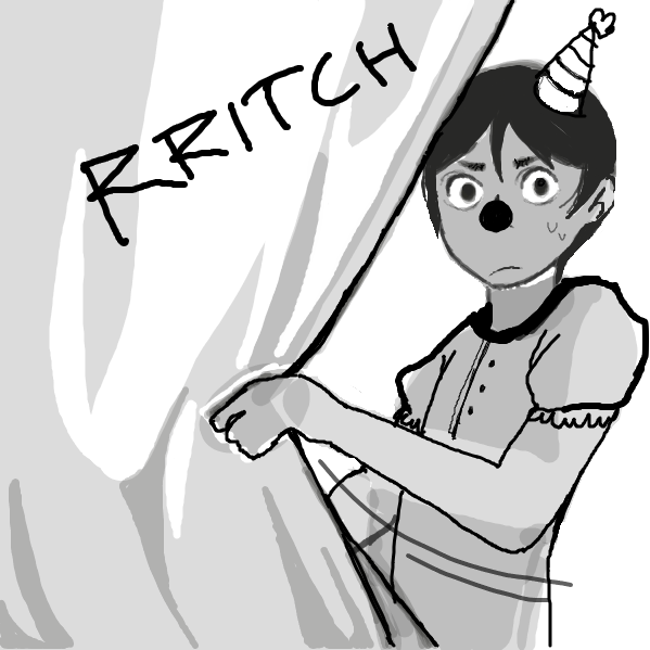 Bob opens the curtain, either he just took a shower in his (strange) clothes, or he's getting ready for a school play. - Online Drawing Game Comic Strip Panel by Akuyi