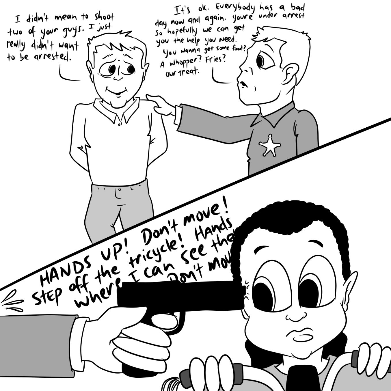 Exaggerated, I know, and not against police officers, rather, against systemic systems in the US that create bias. People here act on imbedded impulses they are sometimes totally unaware of, against a disproportionate number of our citizenry. - Online Drawing Game Comic Strip Panel by Wizard Croissant