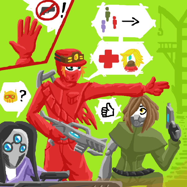 Red orders the others to stop firing and rescue Sarah. Green acknowledges Red's order. Purple doubts that the threat of the large robot has truly been neutralized. - Online Drawing Game Comic Strip Panel by SeanTrunks