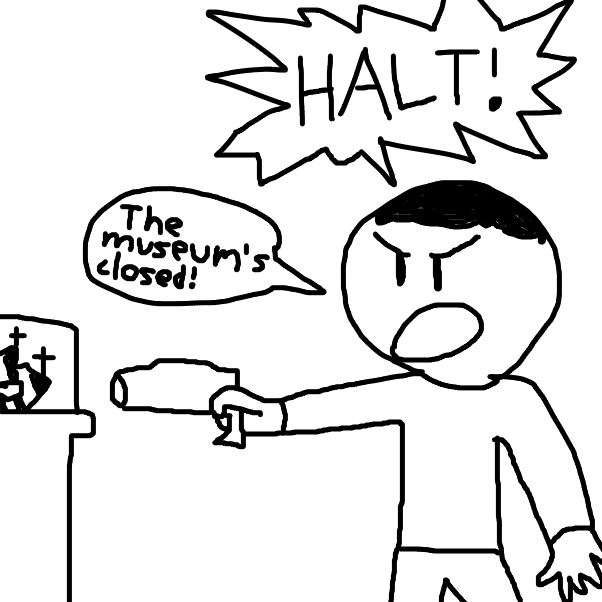 A man who works the night surveillance at the museum the fox is entering, suspects that they are trying to steal a gem. - Online Drawing Game Comic Strip Panel by grapejuice65