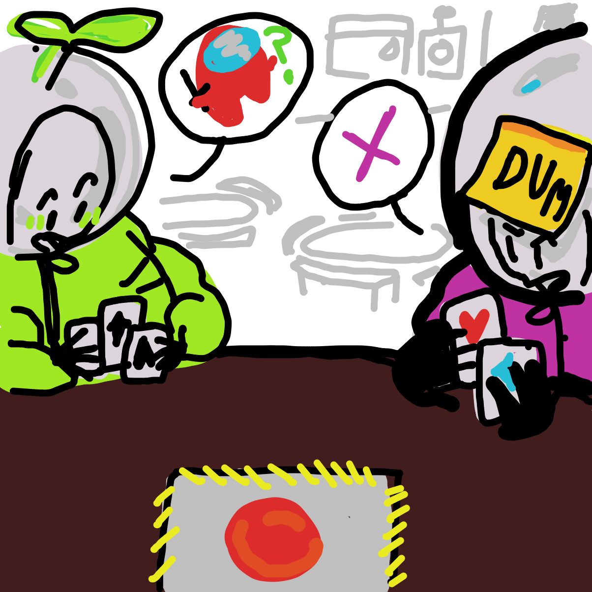 Green crew mate discusses with pink about weather or not red may be the imposter over a game of cards. pink disagrees. - Online Drawing Game Comic Strip Panel by BlastDoors