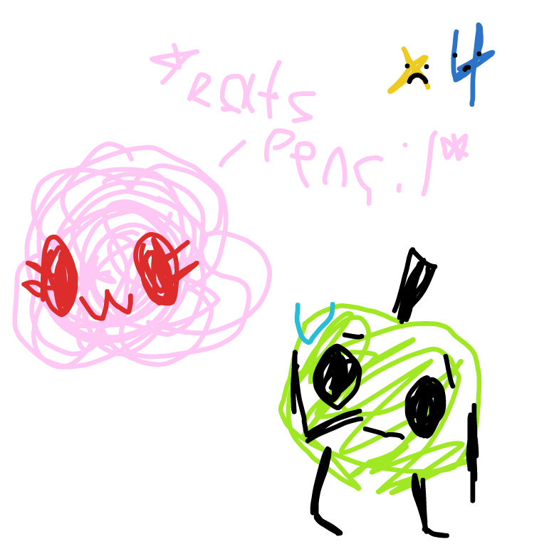 puff is eating pencil and apple is scared cuz the team name is screw apple and off screen gb is banging her head on de wall - Online Drawing Game Comic Strip Panel by Emmare