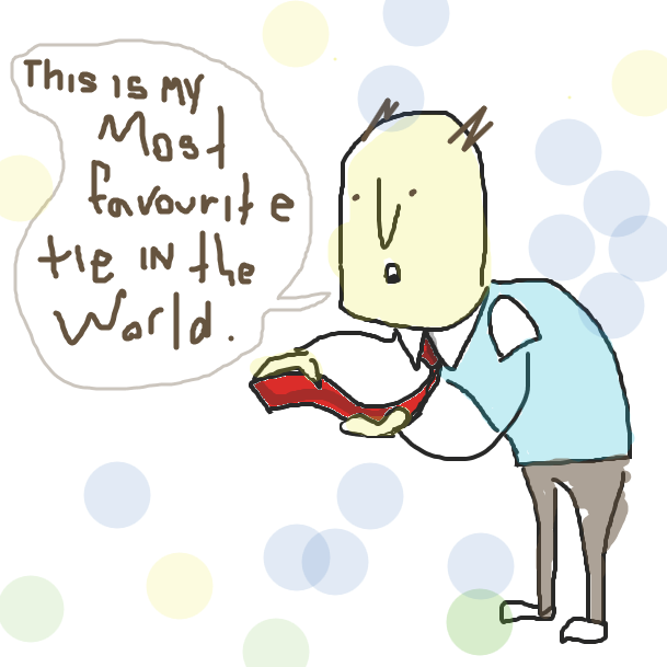 "This is my most favourite tie in the world", says the balding man with a long nose...while holding his red tie in his hands. - Online Drawing Game Comic Strip Panel by jamdaddy