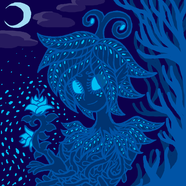 She is a forest spirit with deep ties with the moon and the bioluminescent forest that she resides in. Being a spirit she doesn't have a true physical form. Instead she and the forest grows a vessel for her to inhabit. - Online Drawing Game Comic Strip Panel by SeanTrunks