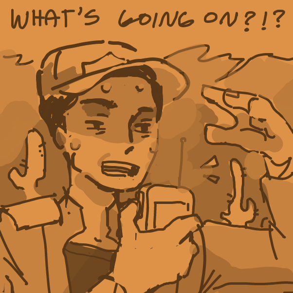 he's about to have a heat stroke but hey they have work to do, do they? what are they doing??? - Online Drawing Game Comic Strip Panel by dankie