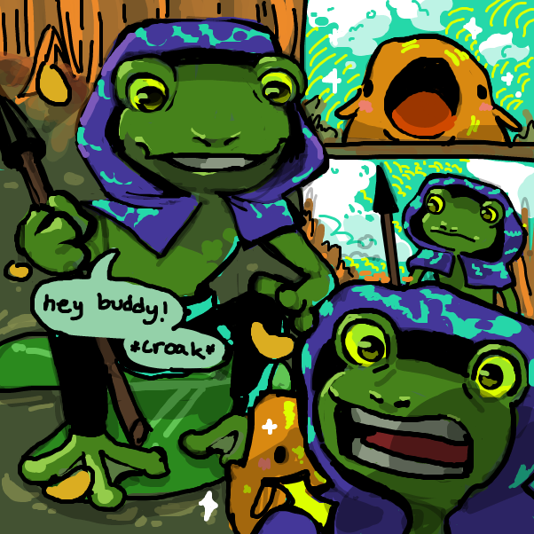 froggo greats the carp, oh? there's a swarm coming. - Online Drawing Game Comic Strip Panel by dankie