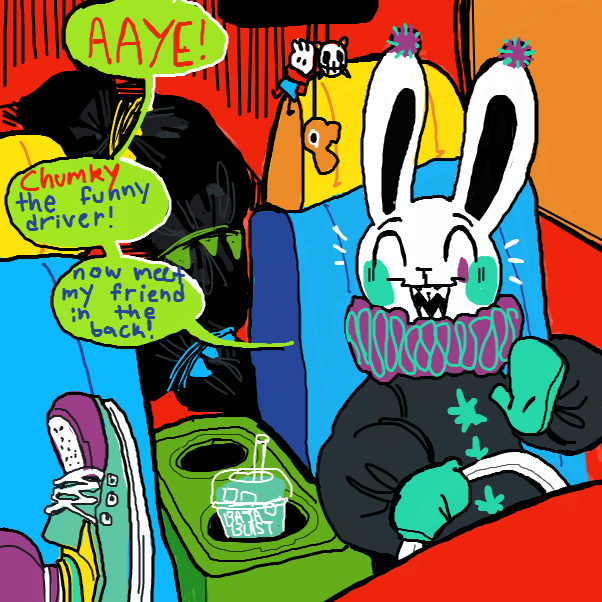 "AAYE! Chumky the funny driver! now meet my friend in the back!" who could possibly in the bod- i mean SLEEPING bag!!! - Online Drawing Game Comic Strip Panel by Chumky