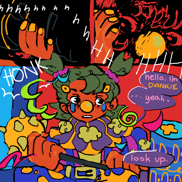 "Hello, I'm Dankie ...yeah." said the rather *suspicious* clown who popped out of their "sleeping bag", look up to find out our last friend! - Online Drawing Game Comic Strip Panel by dankie