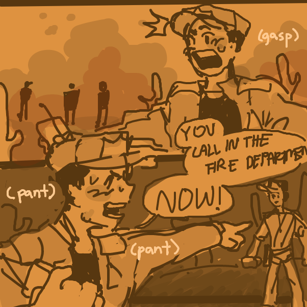 forgot to mention but the guy's a different person! he's getting even more weary so he calls over the guy from the first panel to bring in more help? yeahhh - Online Drawing Game Comic Strip Panel by dankie