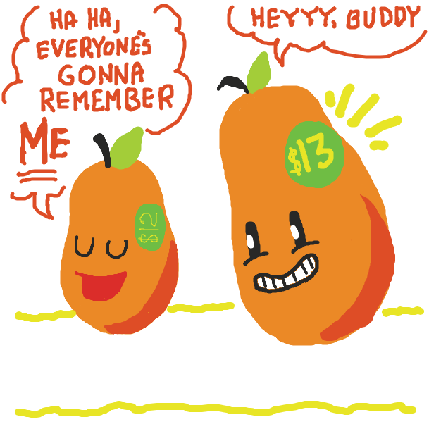 A twelve dollar mango is upstaged by its new rival, a thirteen dollar mango - Online Drawing Game Comic Strip Panel by KJ