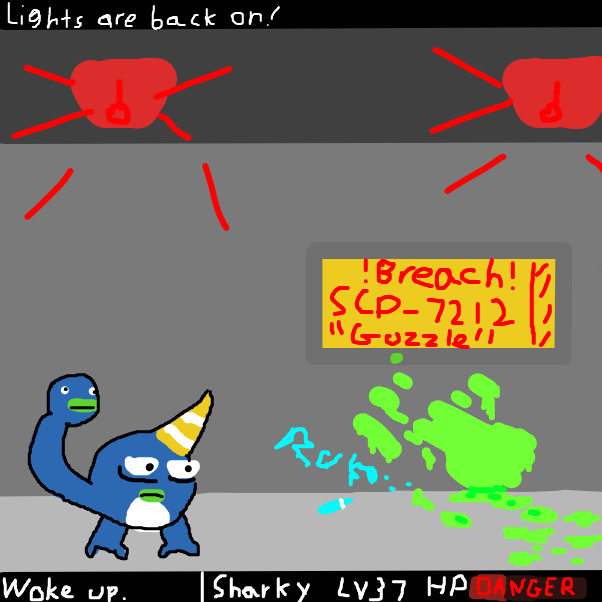 presumably took place after Monster Battle or before or after, Sharky found himself in a SCP Site. The trainer probably entered without permission, then a SCP breach happened. Lights went out, but after a few hours, the lights are back on - Online Drawing Game Comic Strip Panel by SuperIced3