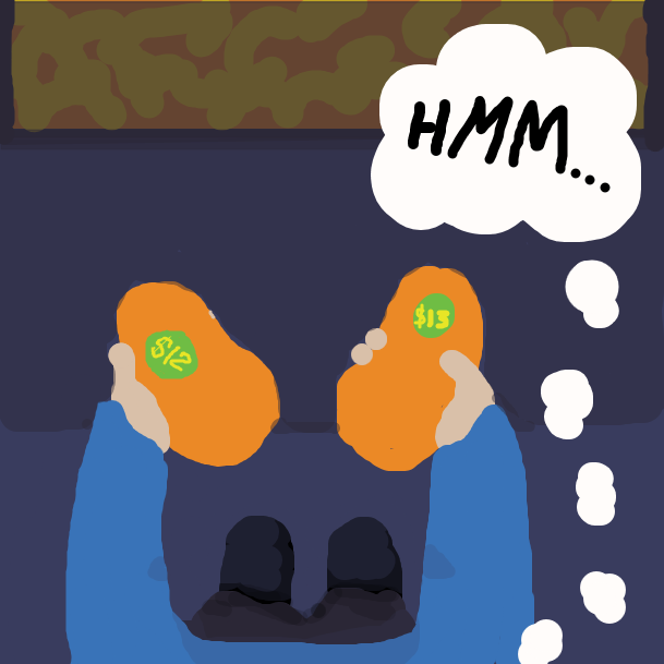 In first person perspective, a prospective grocery shopper compares the differently priced mangos, thinking "Hmm...." - Online Drawing Game Comic Strip Panel by jamdaddy