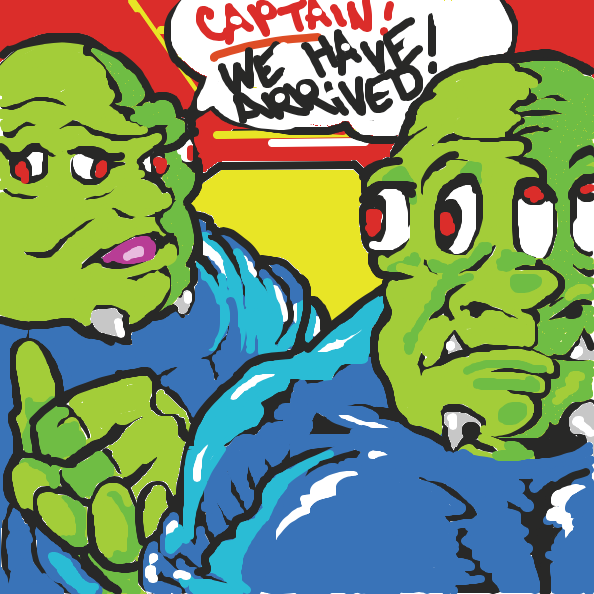 The Multi - Eyed "Quorges" have arrived in our solar system and are planning on invading the Earth

However the Captain is having second thoughts on the matter :P  - Online Drawing Game Comic Strip Panel by therubster67