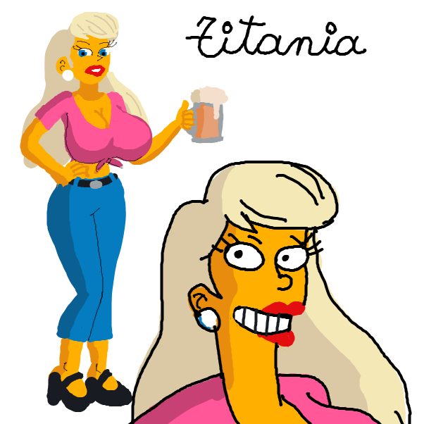 I drew Titania in my style with more realistic proportions and bigger boobs. I can't imitate the Simpsons style very well, as you can see from that awful portrait. - Online Drawing Game Comic Strip Panel by locoluis