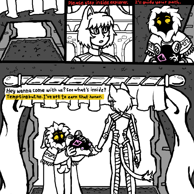 The stone statue's mouth opens, revealing a passageway. The voice of the Custodian is heard coming from within, beckoning our protagonists inside. The Pilot invites the Elder to join them but refuses the offer due to his people's traditions. - Online Drawing Game Comic Strip Panel by SeanTrunks