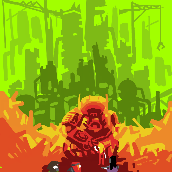 The group finds the robot collapsed, and their friend, relatively unharmed by its side. - Online Drawing Game Comic Strip Panel by nis