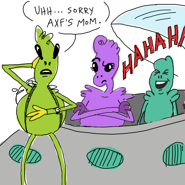 Whoops! Alien dude didn’t realize that his friend’s mom was the one flying. How embarrassing! - Online Drawing Game Comic Strip Panel by Simply_Kali