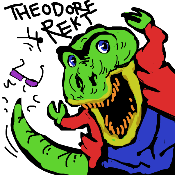 how did that poor t-rex got so low in his career to end up in that movie? - Online Drawing Game Comic Strip Panel by Peyocay