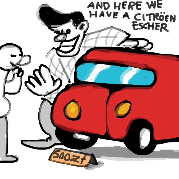 Barely used: belonged to an old Belgian Surrealist who never managed to find the doors - Online Drawing Game Comic Strip Panel by Peyocay